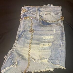 Stylish Distressed Blue Jean Shorts with Gold Chain- UPCYCLED